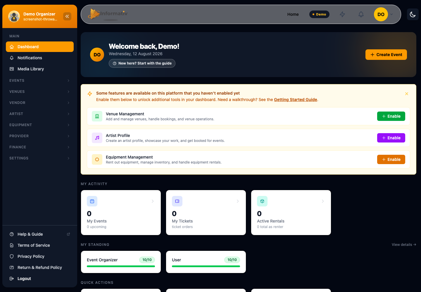 The main dashboard overview in Informativ